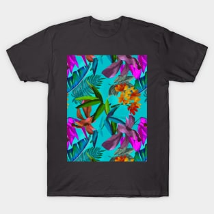 tropical floral leaves botanical garden, tropical plants,leaves and flowers, aqua blue leaves pattern T-Shirt